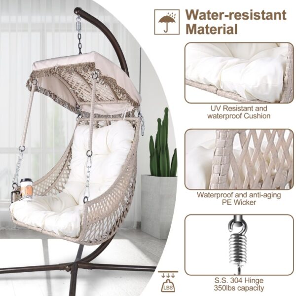 Indoor And Outdoor Swing Egg Chair With Stand, Beige UV Protection Cushion Hanging Chair With Cup Holder - Image 9