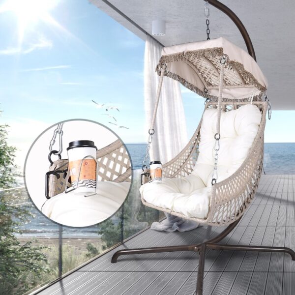 Indoor And Outdoor Swing Egg Chair With Stand, Beige UV Protection Cushion Hanging Chair With Cup Holder - Image 3